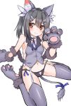  1girl 3: animal_ears bare_shoulders bell black_hair black_panties blush breasts brown_eyes cat_ears cat_tail fate/kaleid_liner_prisma_illya fate_(series) fur_trim garter_straps gloves grey_legwear hair_between_eyes hair_ornament hairclip hashiko_no_woto highres jingle_bell midriff miyu_edelfelt navel panties paw_gloves paws ribbon sideboob simple_background sitting sketch small_breasts solo tail tail_ribbon thigh-highs twintails underwear vest wariza white_background 