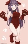  1girl animal_costume animal_ears bangs bent_knee black_hair blue_eyes blunt_bangs blush breasts brown_swimsuit collar covered_navel dog_collar dog_costume dog_ears dog_paws gloves hime_cut long_hair looking_at_viewer new_game! one-piece_swimsuit paw_gloves paw_print paws pink_background sideboob solo standing standing_on_one_leg swimsuit takimoto_hifumi tasora twitter_username wavy_mouth 
