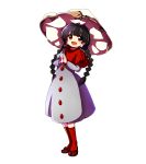  1girl ajirogasa baba_(baba_seimaijo) black_hair braid buttons capelet commentary_request dress full_body grey_dress hands_together hat highres long_hair long_sleeves open_mouth red_eyes red_legwear sandals solo touhou transparent_background twin_braids yatadera_narumi 