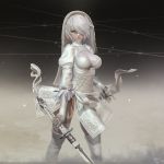  1girl 3d blue_eyes boots breasts bridal_veil cleavage cleavage_cutout dress feather-trimmed_sleeves gloves hair_over_one_eye highres leslyzerosix long_sleeves medium_breasts mole mole_under_mouth nier_(series) nier_automata short_hair solo thigh-highs thigh_boots veil white_dress white_hair white_legwear yorha_no._2_type_b 
