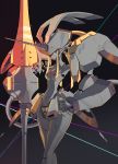  1girl absurdres black_background breasts cowboy_shot darling_in_the_franxx franxx hand_on_hip highres holding holding_weapon horn humanoid_robot key_visual koyama_shigeto logo looking_at_viewer mecha official_art parted_lips poster red_eyes simple_background solo weapon 