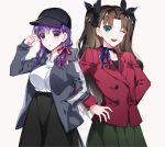  2girls ;d black_bow black_hat black_skirt blue_eyes blue_ribbon bow brown_hair choker collarbone cosplay eyebrows_visible_through_hair fate/stay_night fate/zero fate_(series) grey_jacket hair_between_eyes hair_bow hair_ribbon hand_in_pocket hands_on_hips hat high-waist_skirt hood hood_down hooded_jacket jacket long_hair looking_at_viewer matou_kariya matou_kariya_(cosplay) matou_sakura multiple_girls one_eye_closed open_clothes open_jacket open_mouth parted_lips pleated_skirt purple_hair red_jacket red_ribbon ribbon ribbon_choker shiny shiny_hair shirt simple_background skirt smile standing tohsaka_rin tohsaka_tokiomi toosaka_tokiomi_(cosplay) twintails very_long_hair violet_eyes white_background white_shirt ycco_(estrella) 