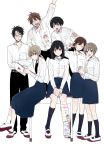  3boys 4girls another_shuugaku_ryokou bandage black_hair black_legwear book brown_eyes brown_hair cast closed_eyes desk glasses grin hair_ornament hairclip kneehighs long_hair multiple_boys multiple_girls on_desk school_uniform short_hair sitting sitting_on_desk skirt smile v white_background yamada_(onigori105) 