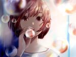  1girl bangs brown_eyes brown_hair bubble close-up hand_to_own_mouth highres long_sleeves looking_at_viewer sako_(user_ndpz5754) shirt short_hair solo white_shirt 