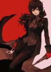  1girl black_hair coat coattails eikaeikiaka female genderswap genderswap_(mtf) gloves holding holding_weapon knife kurusu_akira lipstick long_hair makeup persona persona_5 skirt smile solo weapon 