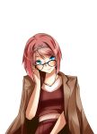  1girl adjusting_glasses alternate_costume aqua_eyes ark_royal_(kantai_collection) bangs bespectacled bob_cut casual coat collarbone glasses hand_on_own_cheek highres kantai_collection looking_at_viewer neo_(tyottama) pleated_skirt red_shirt redhead shirt short_hair short_sleeves skirt smile solo swept_bangs tiara upper_body white_background 