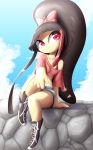  1girl bangs black_hair blue_sky blunt_bangs bow clouds crop_top day full_body hair_bow humanization long_hair looking_to_the_side mawile midriff multicolored_hair navel pink_bow pokemon ponytail red_eyes rilex_lenov shorts sitting sky smile solo stone_wall streaked_hair wall yellow_skin 