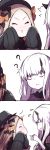 2girls 3koma ? abigail_williams_(fate/grand_order) absurdres bangs black_bow black_dress black_hat blonde_hair blush bow cheek_squash closed_eyes comic dress facing_another fate/grand_order fate_(series) flying_sweatdrops forehead hair_bow hat head_tilt highres horn long_hair long_sleeves looking_at_another multiple_girls nose_blush open_mouth orange_bow pale_skin parted_bangs pink_eyes polka_dot polka_dot_bow silent_comic sleeves_past_wrists v-shaped_eyebrows wadakazu wavy_mouth white_hair 