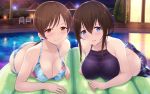  2girls bangs bikini black_eyes blue_bikini blue_hair blush breasts brown_eyes brown_hair cait cleavage collarbone eyebrows_visible_through_hair hair_between_eyes hair_bun halter_top halterneck highres idolmaster idolmaster_cinderella_girls inflatable_raft large_breasts long_hair low_ponytail lying multiple_girls night nitta_minami on_stomach outdoors pool sagisawa_fumika sarong sidelocks smile swimsuit 