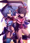  2girls bare_shoulders black_hair black_legwear blue_eyes blue_hair covered_navel elbow_gloves gloves headphones horns kazanari_tsubasa leotard long_hair looking_at_viewer multiple_girls open_mouth outstretched_arm red_eyes senki_zesshou_symphogear side_ponytail smile sword thigh-highs tsukuyomi_shirabe very_long_hair weapon yude 