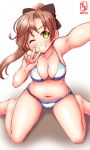  1girl 2017 akigumo_(kantai_collection) alternate_breast_size bikini black_ribbon brown_hair dated full_body green_eyes hair_ribbon highres kanon_(kurogane_knights) kantai_collection logo long_hair multicolored multicolored_bikini multicolored_clothes ponytail ribbon self_shot simple_background solo striped striped_bikini swimsuit white_background 