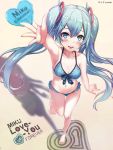  1girl :d arm_up artist_name bangs bare_legs barefoot beach bikini blue_bikini blue_eyes blue_hair blush breasts character_name collarbone eyebrows_visible_through_hair hair_between_eyes hair_ornament hairclip hatsune_miku heart long_hair looking_at_viewer medium_breasts navel open_mouth outstretched_arm revision rods sand sidelocks smile solo swimsuit teeth thighs twintails vocaloid 
