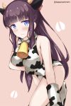  1girl animal_print bangs black_hair blue_eyes blunt_bangs blush cow_girl cow_horns cow_print horns leaning_forward leotard long_hair looking_at_viewer new_game! sidelocks solo takimoto_hifumi tasora twitter_username 