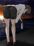  1girl ass bent_over black_shoes black_shorts blush bottle breath brown_eyes brown_hair clouds eyebrows_visible_through_hair from_behind from_side gloves hand_on_own_knee highres holding holding_bottle jacket kantai_collection kneepits looking_back open_mouth outdoors shoes shorts sky solo standing sun sunrise sweat taihou_(kantai_collection) water water_bottle white_jacket z5987 