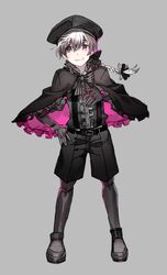  1boy black bow braid capelet doll_joints fate/grand_order fate_(series) full_body genderswap genderswap_(ftm) gloves grey_background hat male male_focus nursery_rhyme_(fate/extra) popokuri ribbon simple_background smile solo violet_eyes 