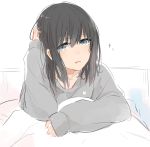  1girl bangs black_hair blue_eyes blush eyebrows_visible_through_hair hair_between_eyes heart heart_print highres looking_at_viewer monsieur open_mouth original pajamas sidelocks sitting solo under_covers 