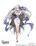  1girl ahoge bangle bare_shoulders black_shoes blue_eyes bracelet breasts cleavage copyright_name full_body hair_ornament hair_over_one_eye huge_ahoge jewelry medium_breasts official_art pigg_brave shoes silver_hair solo standing watermark wide_sleeves yu-ri 