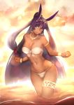  1girl armband artist_request bikini bracelet clouds dark_skin earrings facial_mark fate/grand_order fate_(series) head_tilt highres hoop_earrings jewelry leaning_forward long_hair nitocris_(swimsuit_assassin)_(fate) outdoors partially_submerged smile solo swimsuit thigh_strap tiara wading walking white_swimsuit wide_hips 