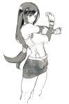  1girl belt brass_knuckles commentary_request crop_top elbow_pads final_fantasy final_fantasy_vii fingerless_gloves gloves greyscale highres kotoyama long_hair low_ponytail monochrome navel sidelocks sketch skirt solo suspenders tifa_lockhart weapon white_background 