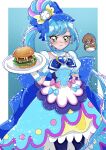  1girl blue_theme burger commentary_request cure_spicy delicious_party_precure earrings emuimuiko eyelashes food fuwa_kokone hair_ornament happy highres jewelry long_hair looking_at_viewer magical_girl pamu-pamu_(precure) precure puffy_short_sleeves puffy_sleeves short_sleeves side_ponytail simple_background sketch smile solo very_long_hair white_background 