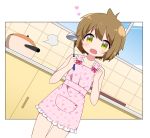  1boy apron blush brown_hair heart ladle naked_apron original solo trap yellow_eyes 