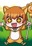  +_+ 1girl animal_costume blush_stickers cat_costume chibi extra_ears fate/grand_order fate_(series) fujimura_taiga holding jaguar_ears jaguarman_(fate/grand_order) official_art open_mouth orange_hair outstretched_arms riyo_(lyomsnpmp) short_hair smile solo 