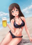  1girl alcohol beach beer beer_mug bikini black_bikini blue_eyes breasts brown_hair character_request clouds day frilled_bikini frills front-tie_top haruhata_mutsuki highres long_hair looking_at_viewer medium_breasts open_mouth outdoors sand signature sitting sky smile solo swimsuit twitter_username 