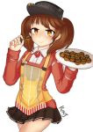  1girl absurdres apron artist_name bare_legs brown_eyes brown_hair eyebrows food highres holding holding_food holding_plate jacy japanese_clothes kantai_collection kariginu long_sleeves magatama plate pleated_skirt ryuujou_(kantai_collection) skirt smile solo takoyaki toothpick twintails visor_cap 