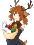  1girl animal_ears antlers bangs bare_shoulders black_gloves blue_eyes blunt_bangs brown_hair candy candy_cane closed_mouth elbow_gloves eyebrows_visible_through_hair food fur_trim gift gloves hair_ornament highres looking_at_viewer reindeer_antlers reindeer_ears reindeer_tail ribbon sack sako_(user_ndpz5754) simple_background smile snowman solo tail turtleneck twintails upper_body white_background 