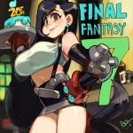  1girl alex_ahad anniversary black_hair blush breasts closed_mouth final_fantasy final_fantasy_vii gloves highres holding large_breasts long_hair looking_at_viewer midriff navel red_eyes smile solo tifa_lockhart 