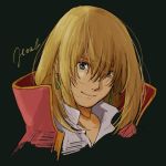  1boy bangs blonde_hair blue_eyes character_name closed_mouth earrings eyebrows_visible_through_hair green_background high_collar highres howl_(howl_no_ugoku_shiro) howl_no_ugoku_shiro jewelry long_hair looking_at_viewer male_focus portrait sako_(user_ndpz5754) simple_background smile solo 