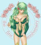  1girl bangs bare_shoulders blue_background breasts breasts_apart circle closed_eyes collarbone commentary_request cowboy_shot earrings english facing_viewer final_fantasy final_fantasy_iv final_fantasy_iv_the_after flower green_hair green_leotard groin hair_ornament jewelry leotard long_hair nairu open_mouth revealing_clothes rose rydia side_cutout small_breasts solo standing wavy_hair 