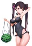  1girl alternate_hairstyle arm_up armpits bangs black_hair black_swimsuit blush breasts btraphen cleavage closed_mouth contrapposto covered_navel cowboy_shot eyebrows_visible_through_hair food fruit girls_frontline hair_ribbon hand_up highres hips large_breasts long_hair looking_to_the_side one-piece_swimsuit purple_ribbon ribbon simple_background solo swimsuit thighs tsurime twintails very_long_hair violet_eyes wa2000_(girls_frontline) watermelon white_background 