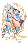  1girl :o animal_ears bangs blue_hair blush cat_ears cat_girl cat_tail dodome-iro_mayonnaise dress eyebrows_visible_through_hair frills full_body gladiator_sandals grey_hair hair_between_eyes hand_in_hair hand_up highres long_hair looking_at_viewer multicolored_hair open_mouth original pink_dress sandals short_dress sidelocks solo tail thighs two-tone_hair 