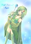  1girl :d asymmetrical_bangs bangs blue_background blue_eyes breasts bridal_gauntlets cape character_name cleavage collarbone commentary_request copyright_name detached_sleeves dress eyebrows_visible_through_hair final_fantasy final_fantasy_iv green_cape green_dress green_hair green_legwear holding holding_staff hoshino long_hair looking_at_viewer medium_breasts nail_polish older open_mouth ribbon-trimmed_sleeves ribbon_trim rydia smile solo spoilers staff standing star teeth thigh-highs tiara wide_sleeves 