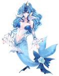  asame21 blue_eyes blue_flower blue_hair blue_nails bracelet breasts cleavage full_body glint head_fins highres jewelry large_breasts long_hair looking_at_viewer mermaid monster_girl nail_polish navel necklace personification pokemon scales smile vaporeon 