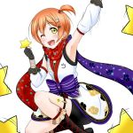  1girl ;d arm_up armpits bike_shorts black_gloves black_shorts bow detached_sleeves fingerless_gloves gloves hair_ornament hoshizora_rin love_live! ninja one_eye_closed one_side_up open_mouth orange_hair purple_bow red_scarf roaru_(gyuren) scarf short_hair shorts simple_background smile solo star striped striped_bow thigh_strap white_background yellow_eyes 