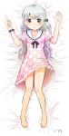  1girl :o absurdres artist_request barefoot blush brown_eyes dakimakura dress dress_lift hair_ornament hair_scrunchie highres long_hair looking_at_viewer lying mahou_shoujo_madoka_magica mahou_shoujo_madoka_magica_movie momoe_nagisa on_back pink_dress polka_dot polka_dot_dress scrunchie solo two_side_up wavy_hair white_hair 