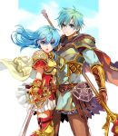  1boy 1girl 2900cm :o ahoge aqua_hair armor black_cape blue_eyes brother_and_sister brown_pants cape eirika ephraim fire_emblem fire_emblem:_seima_no_kouseki fire_emblem_heroes floating_cape floating_hair gloves gold_armor green_eyes grey_armor hair_between_eyes highres holding holding_spear holding_sword holding_weapon knee_pads light_blue_hair long_hair looking_at_viewer nintendo open_mouth pants pauldrons pleated_skirt polearm red_boots red_shirt shirt short_hair short_sleeves siblings side-by-side skirt skirt_lift spear standing sword thigh-highs thigh_boots weapon white_cape white_skirt 