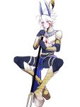  1boy animal_ears blue_eyes cosplay egyptian_clothes fate/apocrypha fate/grand_order fate_(series) karna_(fate) makeup male_focus nitocris_(fate/grand_order) nitocris_(fate/grand_order)_(cosplay) pale_skin platform_footwear platform_heels solo staff white_hair zuwai_kani 