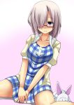 1girl between_legs black-framed_eyewear blush breasts checkered checkered_dress dress eyebrows_visible_through_hair fate/grand_order fate_(series) fou_(fate/grand_order) glasses hair_over_one_eye hand_between_legs highres imagawa_akira large_breasts looking_at_viewer mash_kyrielight pink_background purple_hair short_hair simple_background solo violet_eyes 