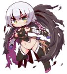  1girl assassin_of_black black_legwear blush chibi closed_mouth dual_wielding eyebrows_visible_through_hair fate/apocrypha fate_(series) green_eyes holding holding_sword holding_weapon looking_at_viewer naga_u navel short_hair silver_hair solo sword thigh-highs weapon 