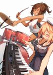  2girls :d beize_(garbage) beret blonde_hair brown_hair closed_eyes commentary_request cymbals drum drum_set drumsticks fang glasses hat highres i-401_(kantai_collection) i-8_(kantai_collection) instrument kantai_collection keyboard_(instrument) multiple_girls open_mouth ponytail red-framed_eyewear school_swimsuit school_uniform serafuku simple_background smile swimsuit swimsuit_under_clothes wet white_background 