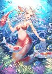  1girl armlet blush breasts cleavage eyebrows_visible_through_hair fish hair_ornament jewelry large_breasts long_hair looking_at_viewer mermaid monster_girl navel necklace open_mouth original red_eyes roang silver_hair smile underwater 