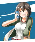  1girl black_hair blush gym_shirt hayasui_(kantai_collection) highres jacket kantai_collection open_mouth pia_(botamochinjufu) pocari_sweat shirt short_hair smile solo track_jacket upper_body 