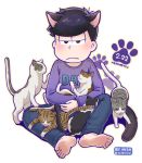  1boy :&lt; animal_ears barefoot black_hair blush cat cat_day cat_ears cat_tail denim jeans matsuno_ichimatsu nish osomatsu-san pants paw_print tail 
