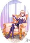  1girl absurdres artoria_pendragon_(all) black_skirt blonde_hair breasts cleavage cup cutout dated dress drinking_glass elbow_gloves fate/hollow_ataraxia fate_(series) gloves hair_ribbon halterneck highres holding holding_drinking_glass holding_glass indoors legs_crossed looking_at_viewer medium_breasts miniskirt purple_gloves purple_legwear purple_ribbon purple_shirt qq1065091829 ribbon saber_alter shirt short_hair sideboob signature sitting skirt sleeveless sleeveless_dress sleeveless_shirt solo thigh-highs white_background yellow_eyes zettai_ryouiki 