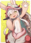  1girl animal_ears bangs blush flat_chest fur furry hat long_hair made_in_abyss nanachi_(made_in_abyss) pouch solo whiskers white_hair yellow_eyes 