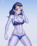  1girl artist_name bare_shoulders bikini blue_skin blush breasts cleavage collarbone cowboy_shot earrings eyelashes gluteal_fold gradient gradient_background grigorart jewelry large_breasts long_hair looking_at_viewer midriff navel overwatch purple_hair solo standing sunglasses sunglasses_on_head swimsuit tattoo thighs widowmaker_(overwatch) yellow_eyes 