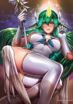  1girl alternate_costume badcompzero bare_shoulders blush breasts gloves green_eyes green_hair horn horns large_breasts league_of_legends lips long_hair looking_at_viewer lying on_side smile solo soraka staff thigh-highs thighs white_gloves white_legwear 
